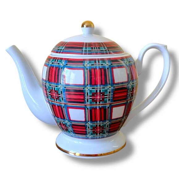 Willams Sonoma Stuart Dress Tartan Teapot White Red Gold Holiday 4 Cup Japan - Picture 2 of 14